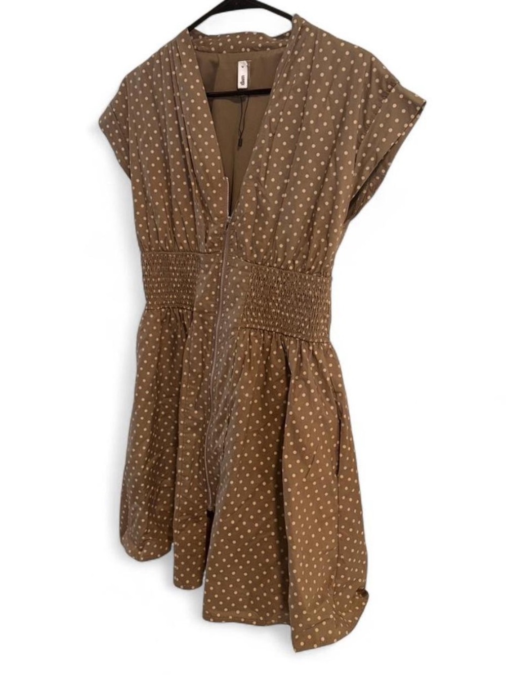 glam Tan Polka Dot Smocked-Waist Mini Dress